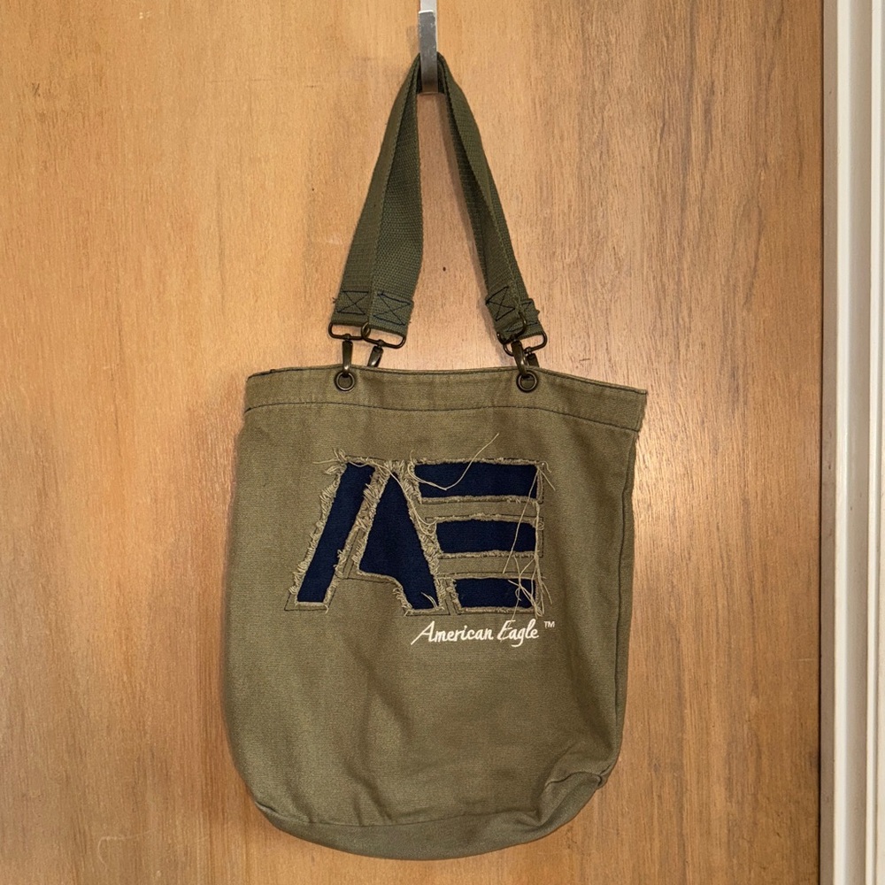 American Eagle Outfitters Olive and Navy Tote Bag with Large Distressed Logo